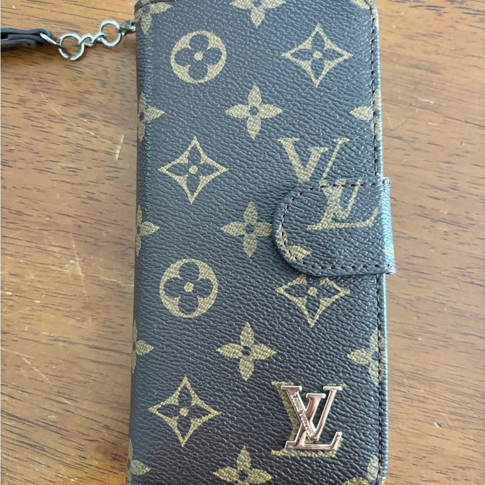 Louis Vuitton Brown Monogram Wallet Phone Case with Gold LV Logo